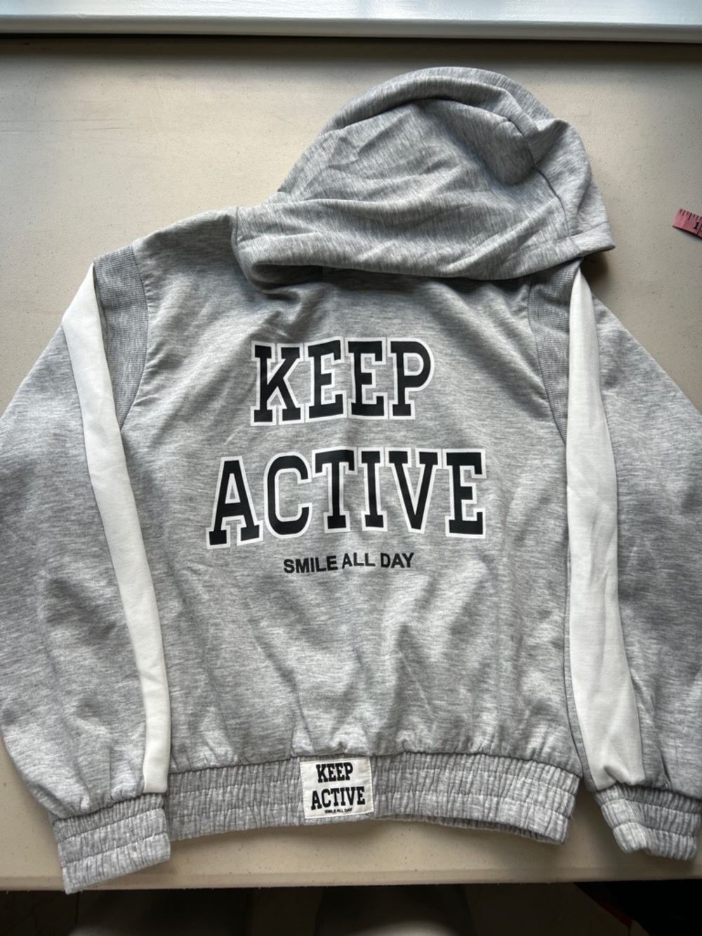 Zara Gray Hoodie Sweatshirt with White Sleeve Stripes